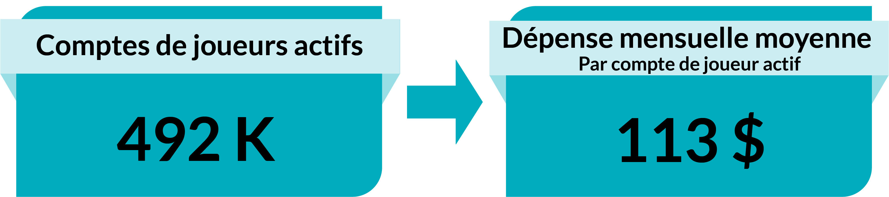 Comptes de joueurs actifs : 492 K. Dépense mensuelle moyenne par compte de joueur actif : 113 $.